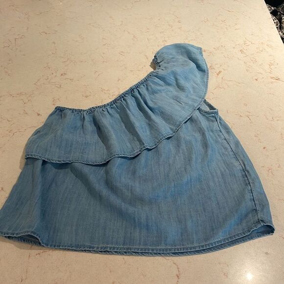 AEO NWT one shoulder denim ruffle chambray top SZ medium - Picture 5 of 5